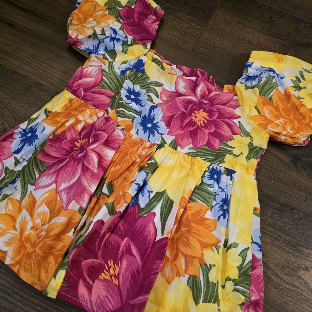 Janie And Jack Girls Peplum Top Yellow Pink Floral Puff Sleeves Ruffles Button 7